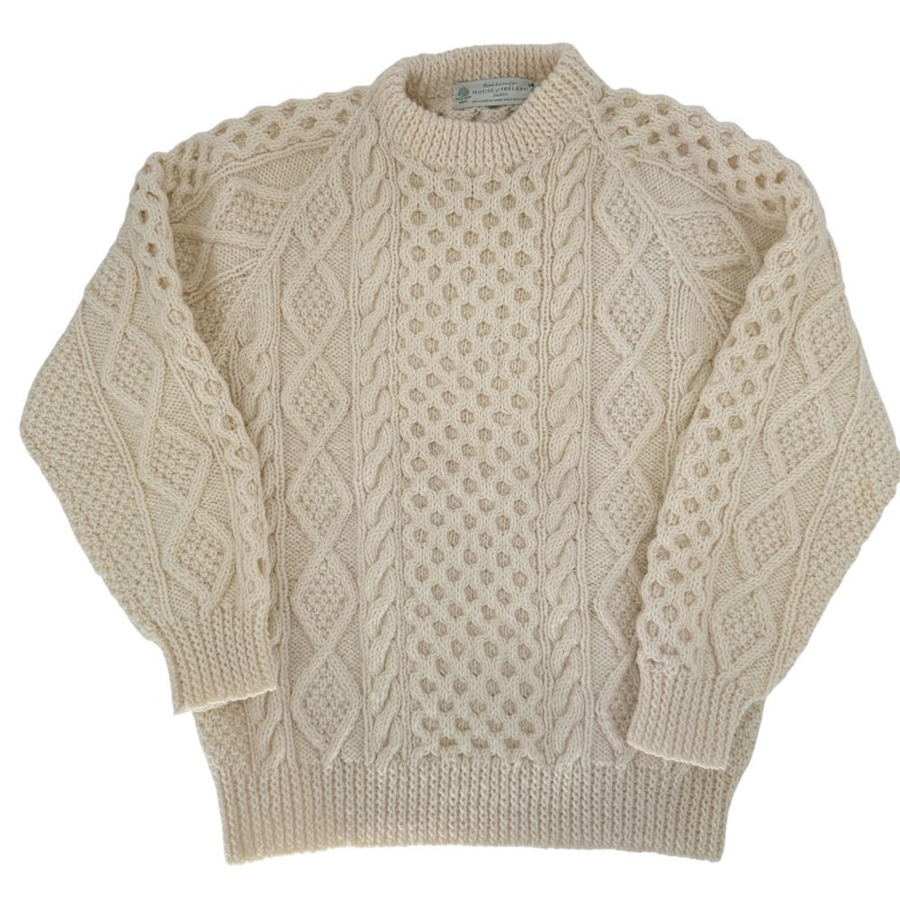 House of Ireland 100% Wool Aran Cable Knit Sweater Mens L Hand Knitted Cream
